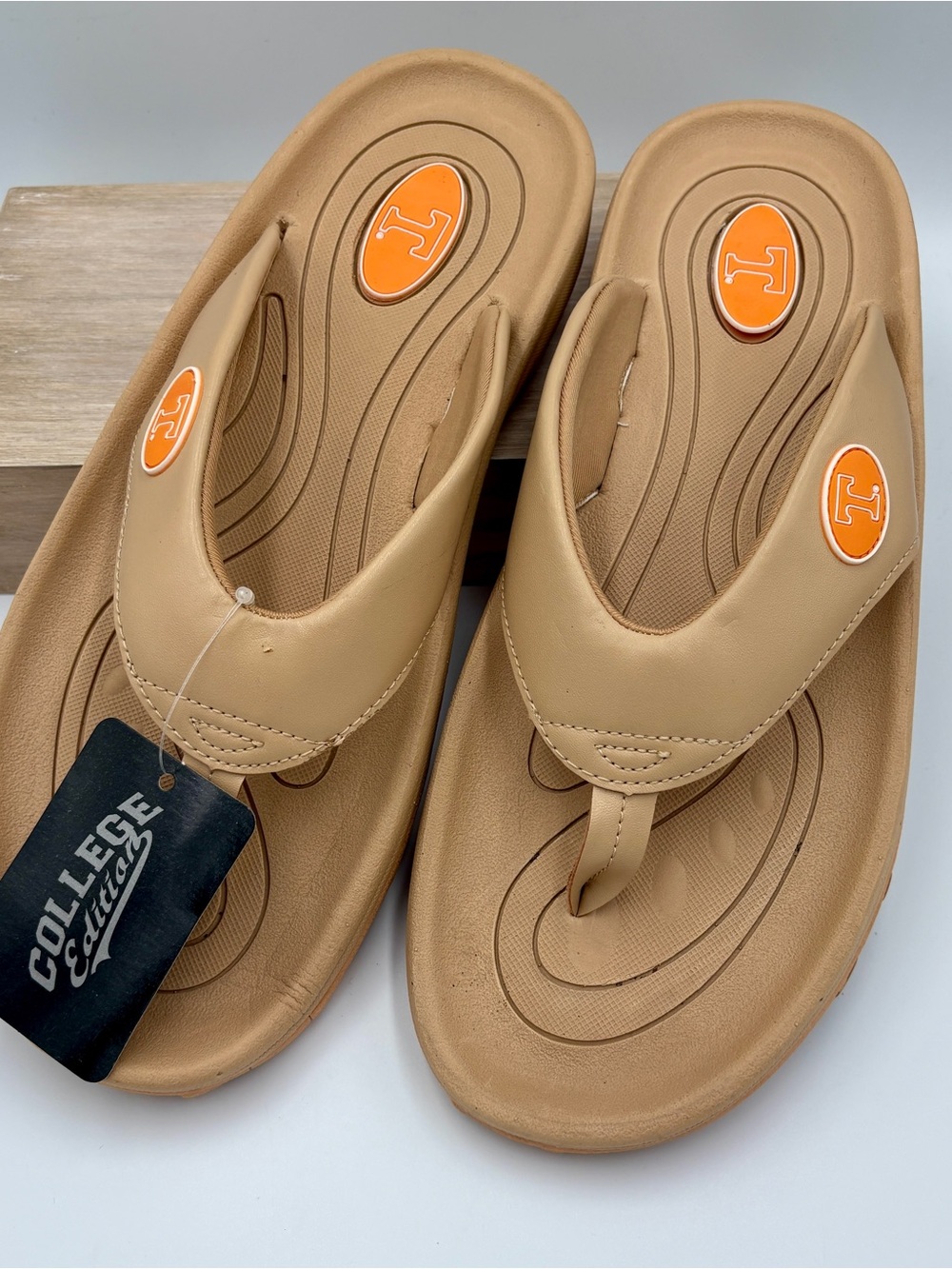 Tan College Collection Golf Flip Flops with University of Texas Orange Logo